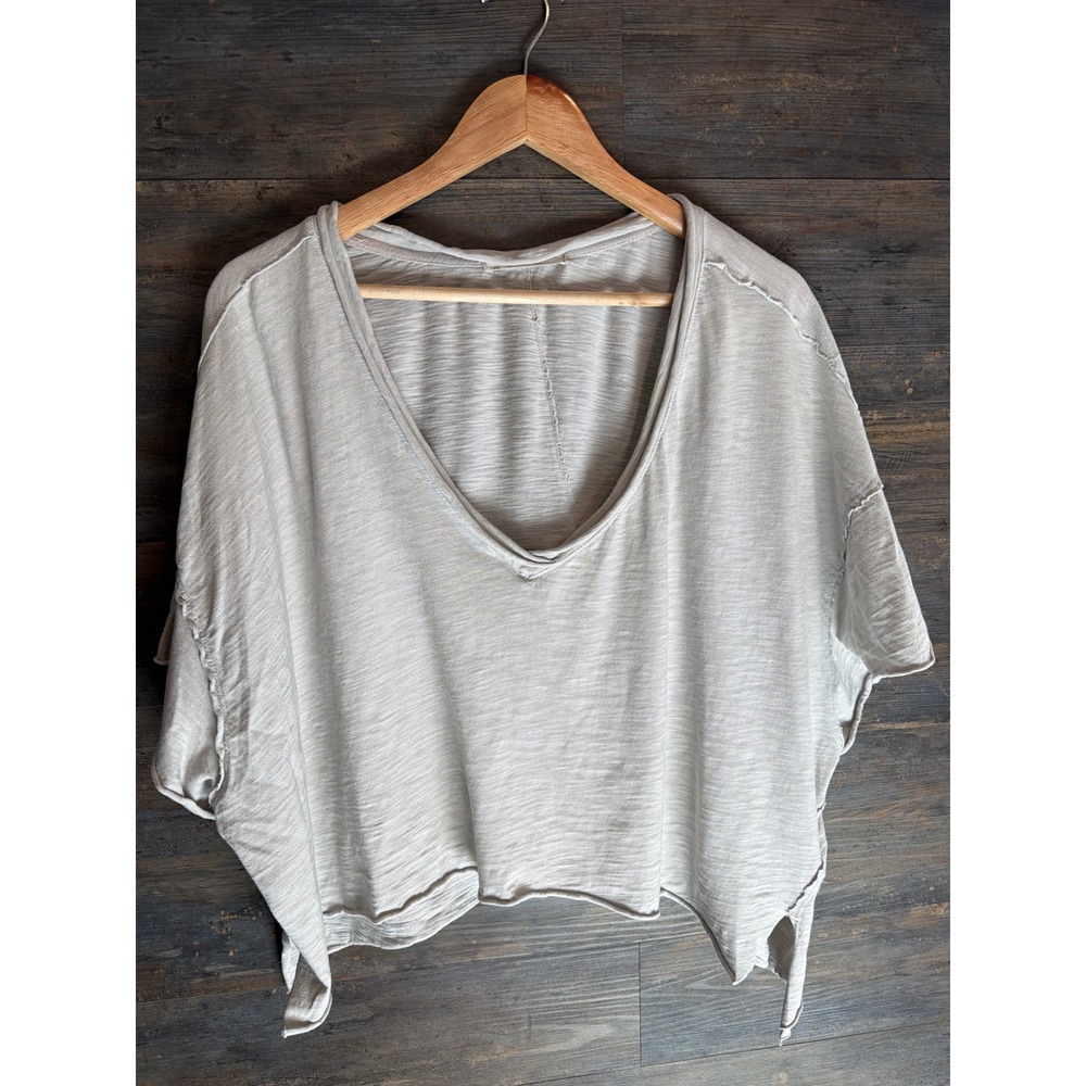 We The Free Free People Grey Oversized V-Neck Slub Cotton Tee Large OB1255587